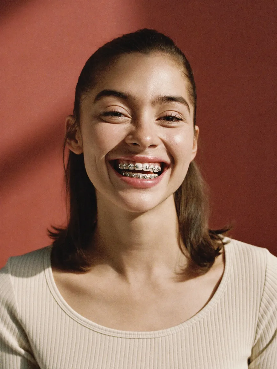 Close-up of traditional metal braces at Ora
